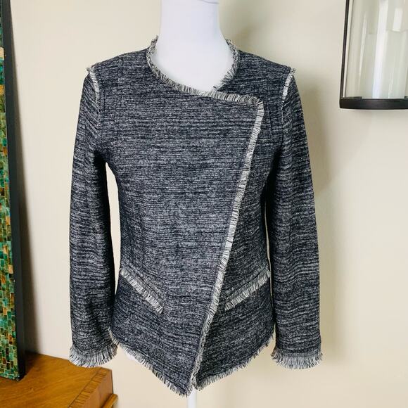 Banana Republic Sz S Asymmetrical Tweed Fringe Blazer Jacket Black Gray Career - Picture 4 of 9
